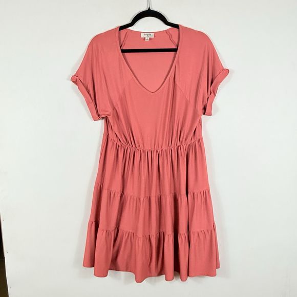 Umgee Mauve Short Sleeve Tier Skirt Stretch Pullover V-Neck Dress Women's Medium - Picture 1 of 6